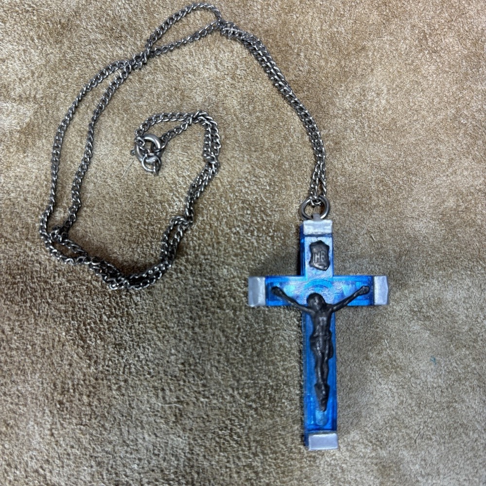 Lourdes France Blue See-Through Lucite Crucifix Necklace with Vial of Soil